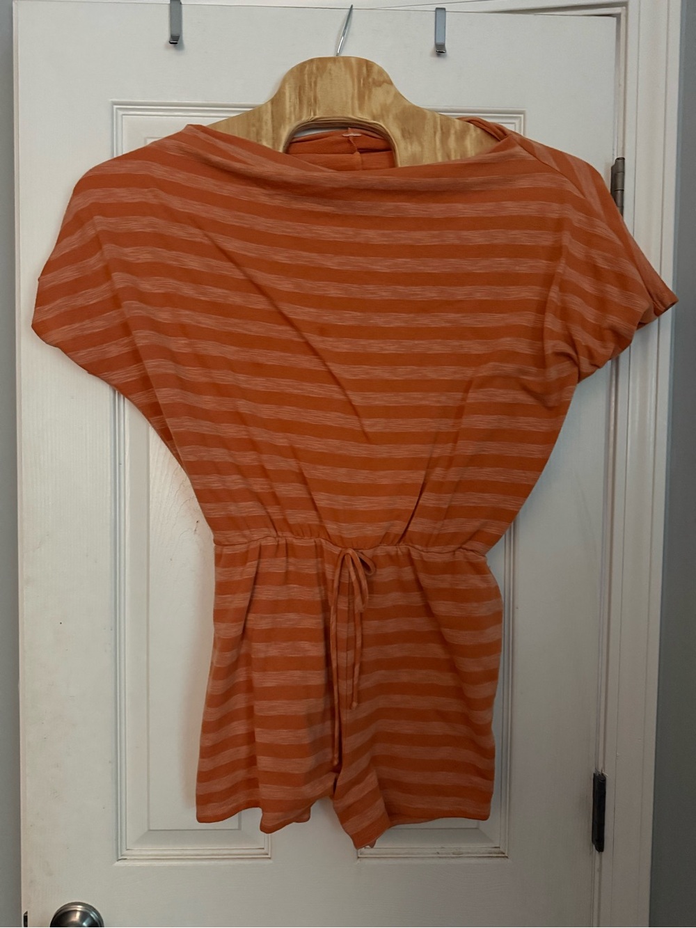 Sew In Love Off Shoulder Striped Orange Drawstring Waist Women’s Romper L‎